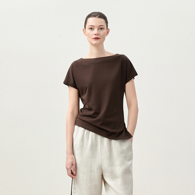 *WTX08125 茉莉雅集 复古摩登侧开衩一字领细腻高支棉真丝羊毛T恤