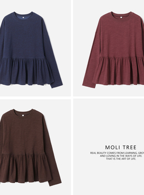 WTX09004 茉莉雅集 45*R减龄日系莱赛尔棉宽松荷叶下摆长袖T恤