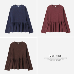 WTX09004 茉莉雅集 45*R减龄日系莱赛尔棉宽松荷叶下摆长袖T恤