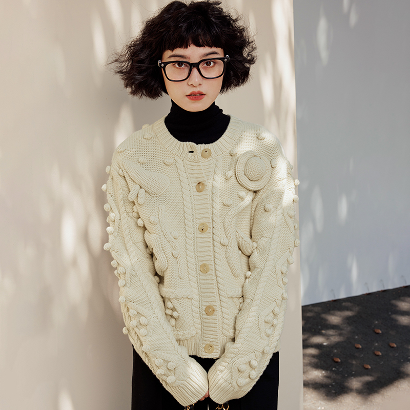 *WZK06038 1SSE*Y法式风情浮雕艺术全羊毛手工钩花针织开衫毛衣
