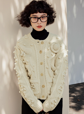 *WZK06038 1SSE*Y法式风情浮雕艺术全羊毛手工钩花针织开衫毛衣
