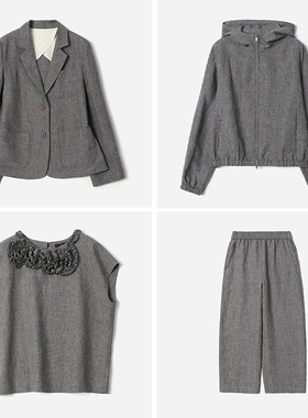 WXZ08022  高智格雷小千鸟格意大利全亚麻西装外套衬衫气球裤女