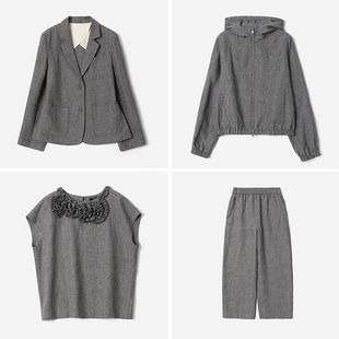 WXZ08022  高智格雷小千鸟格意大利全亚麻西装外套衬衫气球裤女