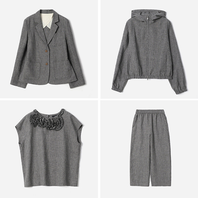 WXZ08022  高智格雷小千鸟格意大利全亚麻西装外套衬衫气球裤女