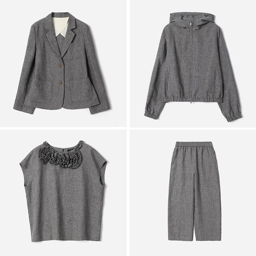 WXZ08022  高智格雷小千鸟格意大利全亚麻西装外套衬衫气球裤女