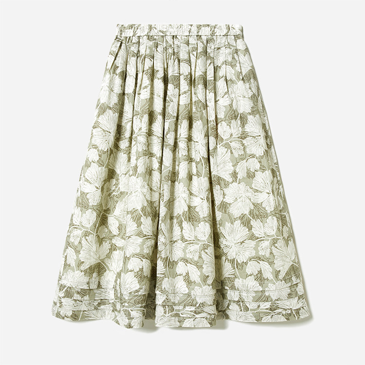 *WBQ07056 茉莉雅集 花枝疏影印花全亚麻松紧腰褶裥A字摆半裙夏女