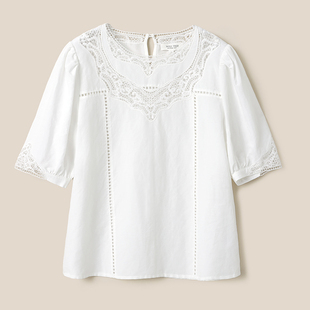 *WCS08085 茉莉雅集 干爽透气汉麻棉法式圆领重工刺绣中袖衬衫女