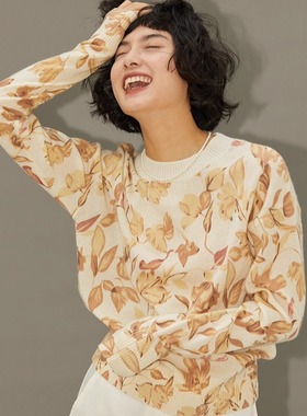WZT05252 茉莉雅集 暖风落叶全羊绒圆领长袖印花针织套衫女