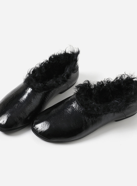 ED08037 茉莉雅集 J*S时髦精牛油皮泰迪羊羔毛圆头平底单鞋女