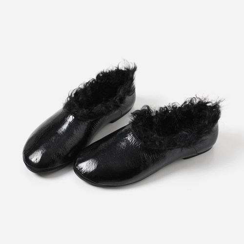 ED08037 茉莉雅集 J*S时髦精牛油皮泰迪羊羔毛圆头平底单鞋女