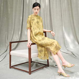 WLQ07024 茉莉雅集 水墨牡丹100支全苎麻重酵素洗旗袍连衣裙