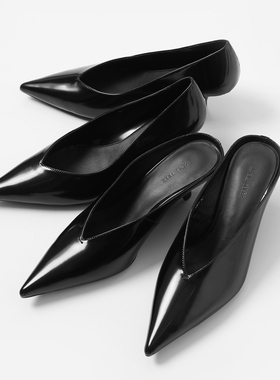 ED08001 茉莉雅集 T0TE*ME光泽开边珠牛皮真皮大底尖头单鞋拖鞋