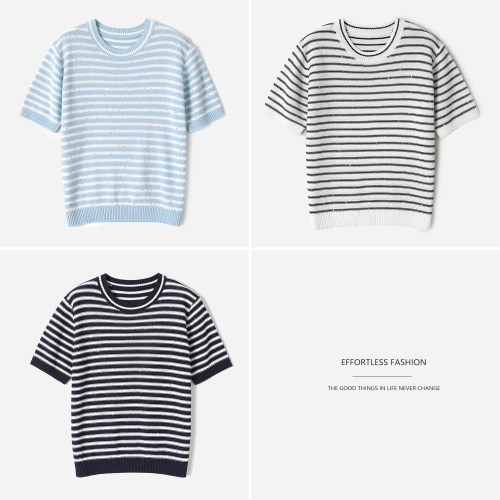 * WZT09202 茉莉雅集 透气干爽圆领海魂亮片条纹短袖针织套衫女