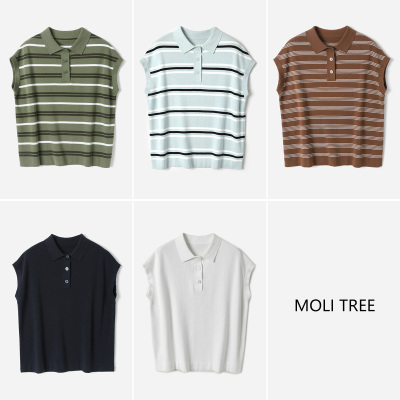 WZT09089茉莉雅集摩登率性干爽全棉彩色条纹POLO领盖袖针织套衫