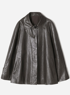 WPY09021 P家 复古茶棕色油蜡羊皮翻领插肩长袖皮衣短风衣女