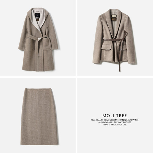 WDY07019  L*P意大利空运全羊绒人字纹双面呢连帽大衣西装半裙