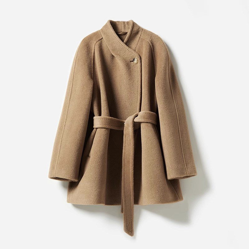全骆驼绒新中式一粒扣系带短大衣