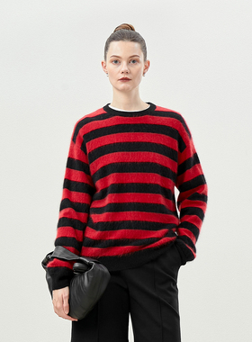 *WZT05374 茉莉雅集 缱绻时光 KVSS全羊绒拉绒条纹针织套衫毛衣