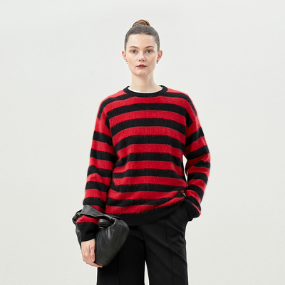 *WZT05374 茉莉雅集 缱绻时光 KVSS全羊绒拉绒条纹针织套衫毛衣