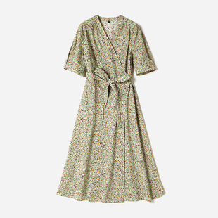 系带印花连衣裙 意大利空运全棉V领围裹式 WLQ07067 茉莉雅集