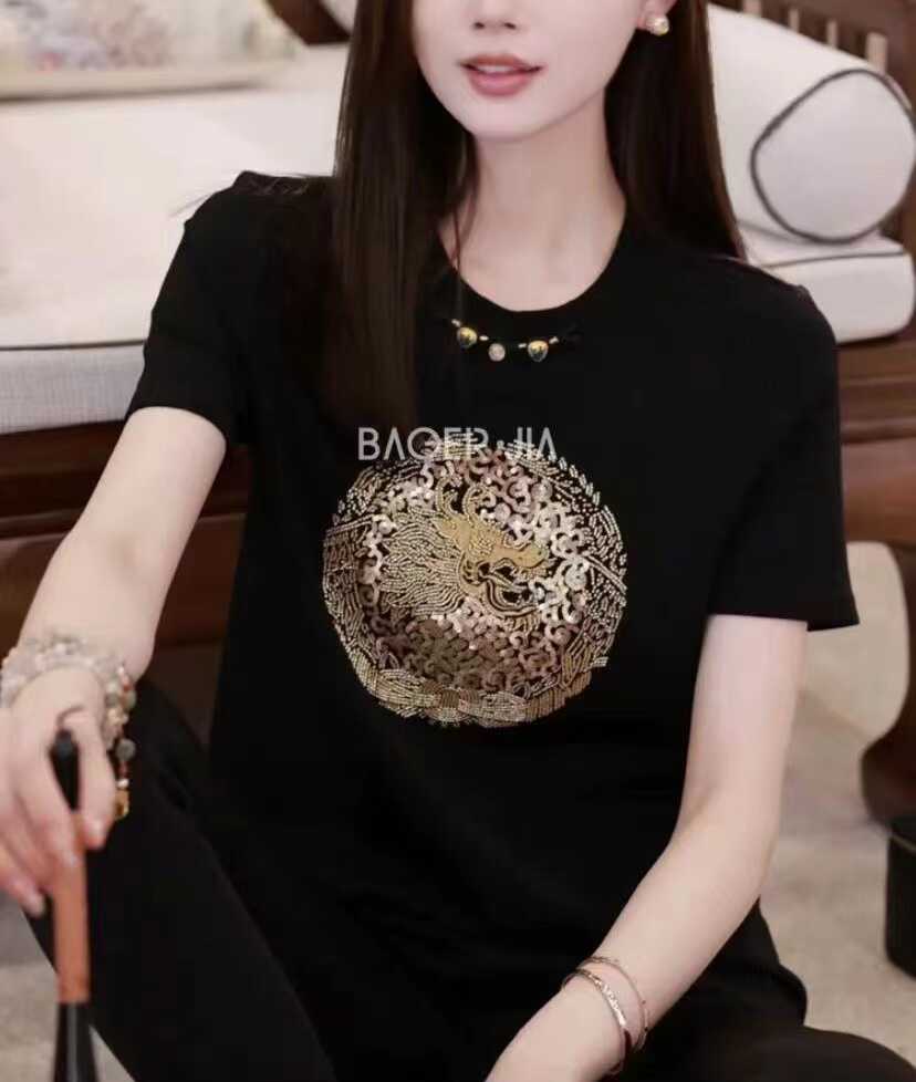 欧货短袖t恤女2024新款设计感盘扣刺绣龙亮片订珠T恤