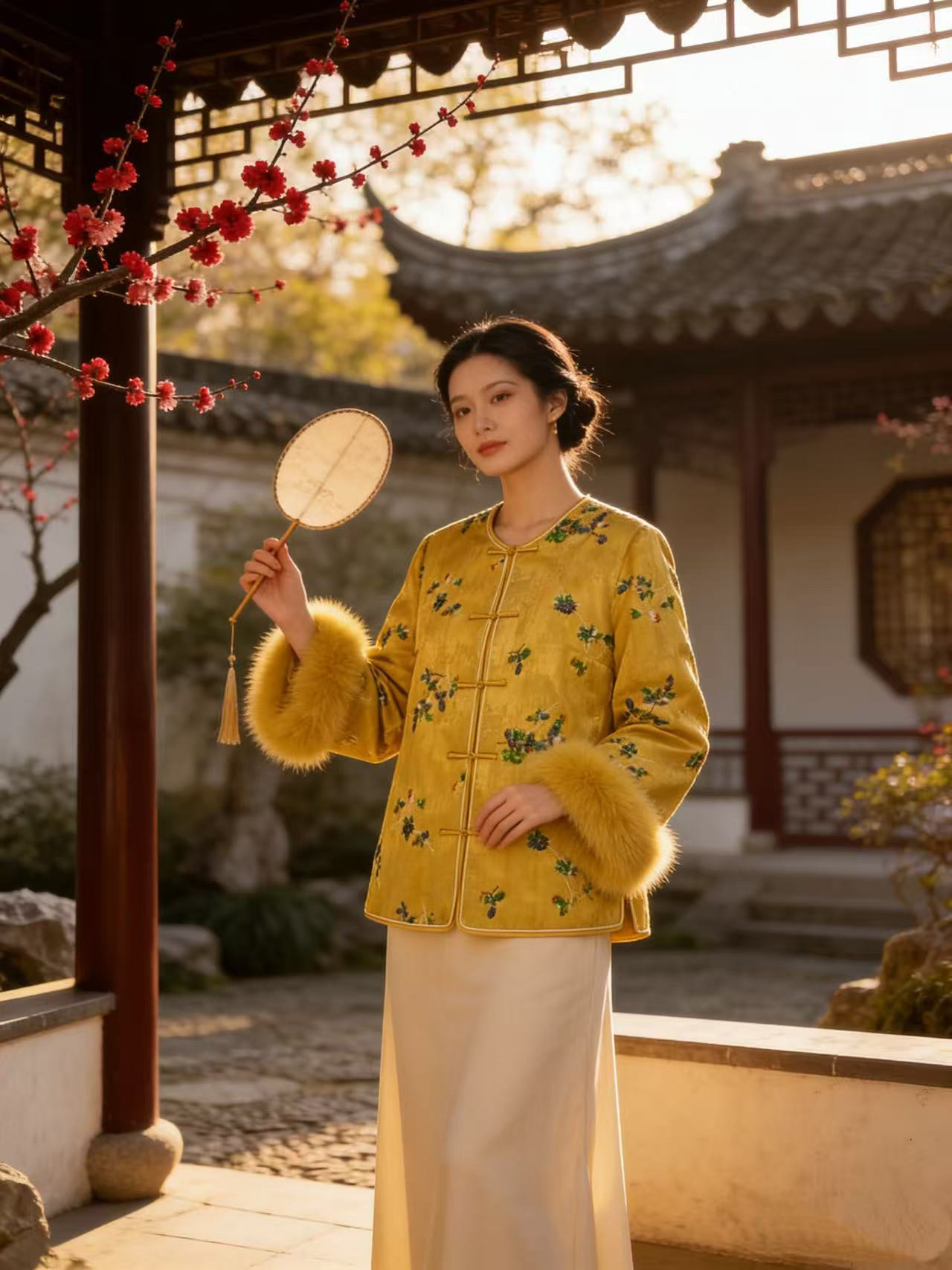 高奢 新中式提花亮片刺绣狐狸毛外套棉衣棉袄气质小香风