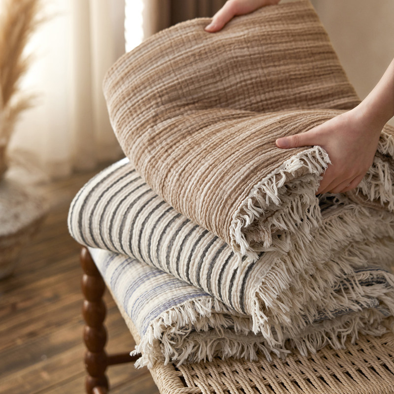 ins风条纹全棉色织纱布沙发毯纯棉四层纱空调毯办公室午休毯机洗