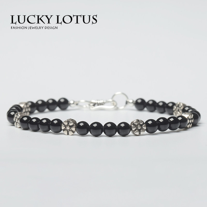 LUCKYLOTUS首饰极细黑曜石蓝砂玛瑙泰银小花简约个性手链男女包邮