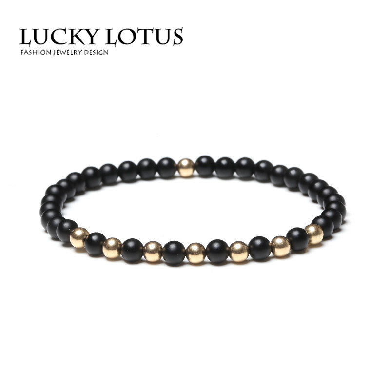 LUCKYLOTUS首饰极细AAA磨砂黑玛瑙美国14k注金珠手链简约男女包邮