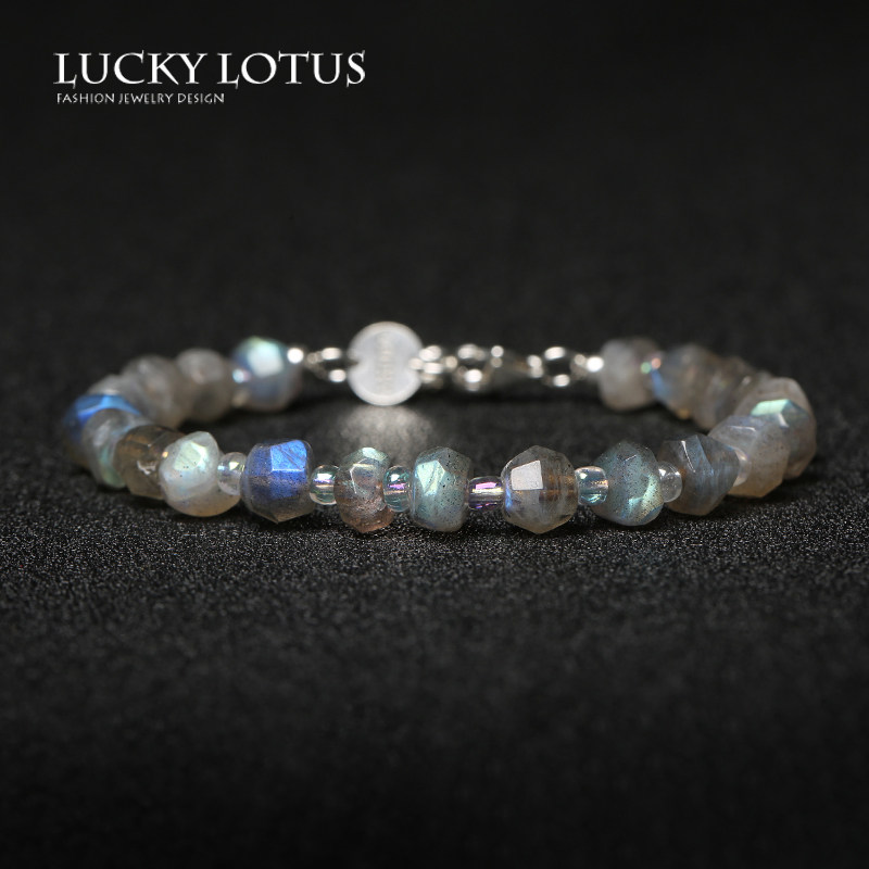 LUCKYLOTUS首饰不规则灰月光拉长石闪光石手链男女水晶手串包邮