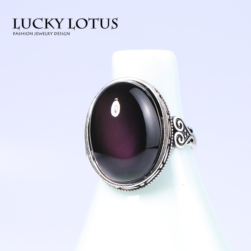 LUCKYLOTUS珠宝彩眼黑曜石男戒指泰银镶嵌女调节指环转运简约包邮