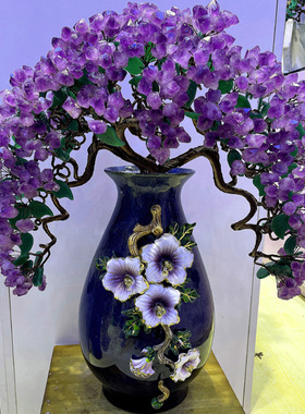 天然紫水晶发财树黄水晶招财树别墅客厅招财摆件高档欧式陶瓷花瓶