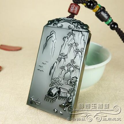 和田玉山水牌子玉吊坠男塔青一细料青玉玉牌吊坠项链双面玉佩玉坠