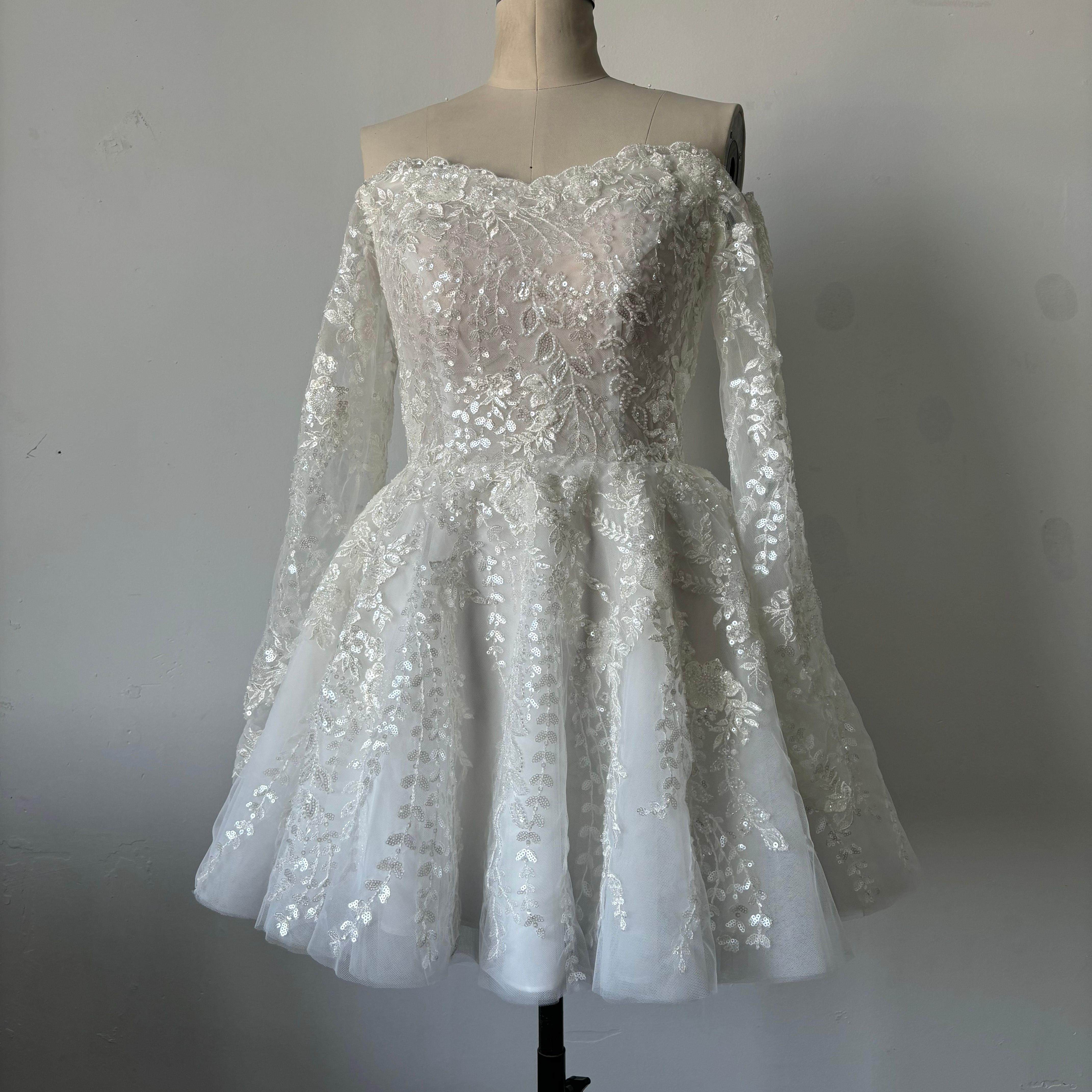 婚纱礼服女一字肩长袖蕾丝亮片短纱裙连衣裙婚礼生日聚会成人礼