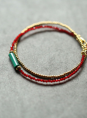 细手链孔雀石红尖晶9k金双圈