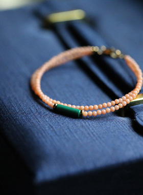 孔雀石双圈老货成色罕见橘粉手链