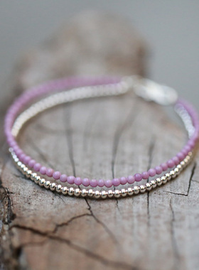 白桃乌龙粉紫色石英岩925细手链