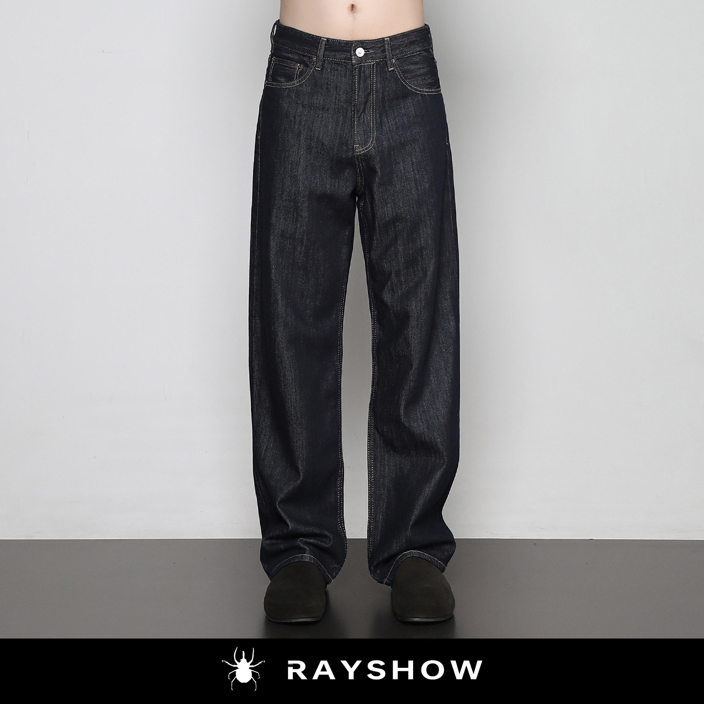 RAYSHOW·Cleanfit原色直筒牛仔裤男 中高腰宽松垂感深蓝休闲长裤