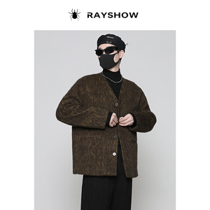 RAYSHOW小众设计高级感 雪花呢夹克V领开衫毛呢外套 加厚保暖男潮