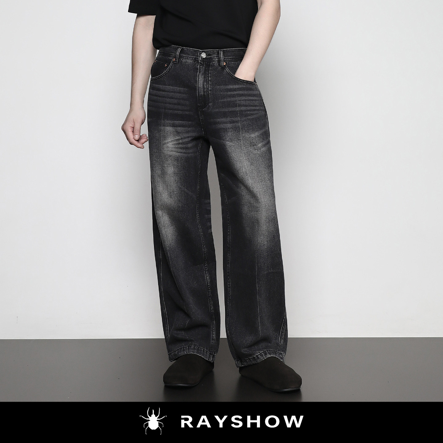 RAYSHOW「原创黑色复古水洗松紧腰阔腿牛仔裤 松弛感廓形潮流男裤
