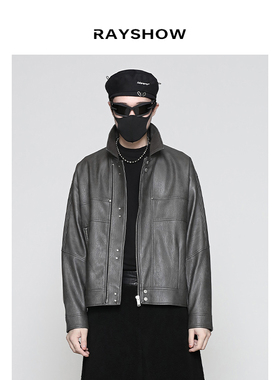 RAYSHOW·日系解构拼接设计 男士机车皮衣 防风皮夹克外套hare