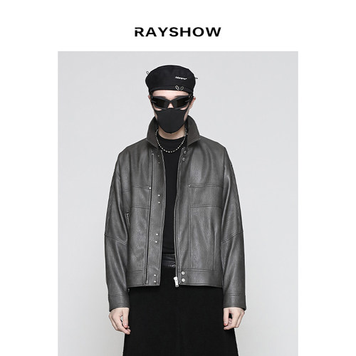 RAYSHOW·日系解构拼接设计 男士机车皮衣 防风皮夹克外套hare