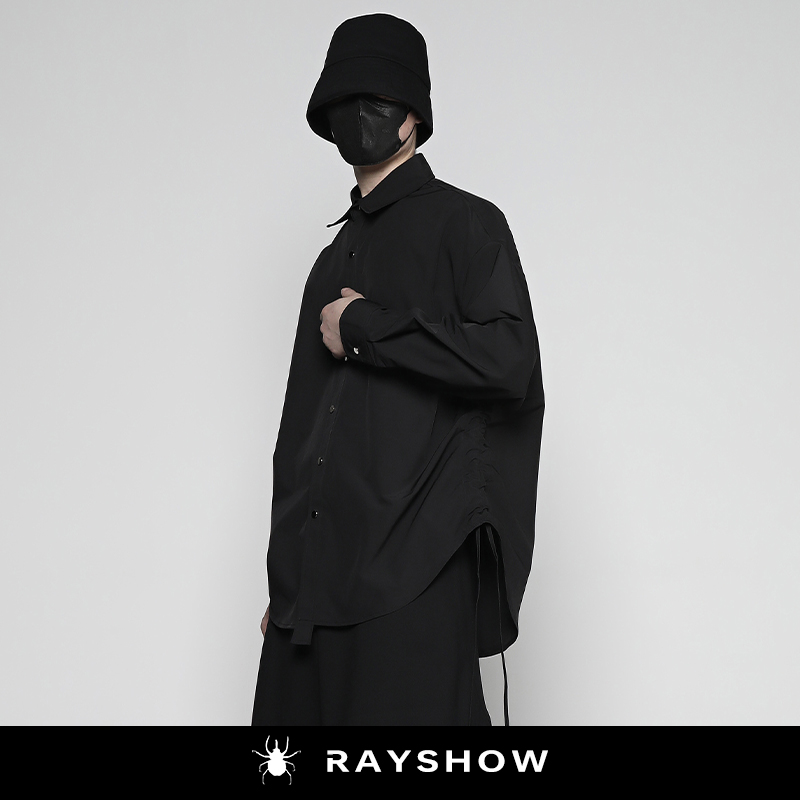 侧飘带可调节设计宽松长袖衬衫