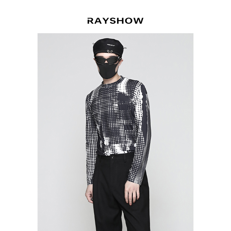 Rayshow23自制迷幻摇滚圆领套头打底衫 未来感印花长袖T恤男女潮