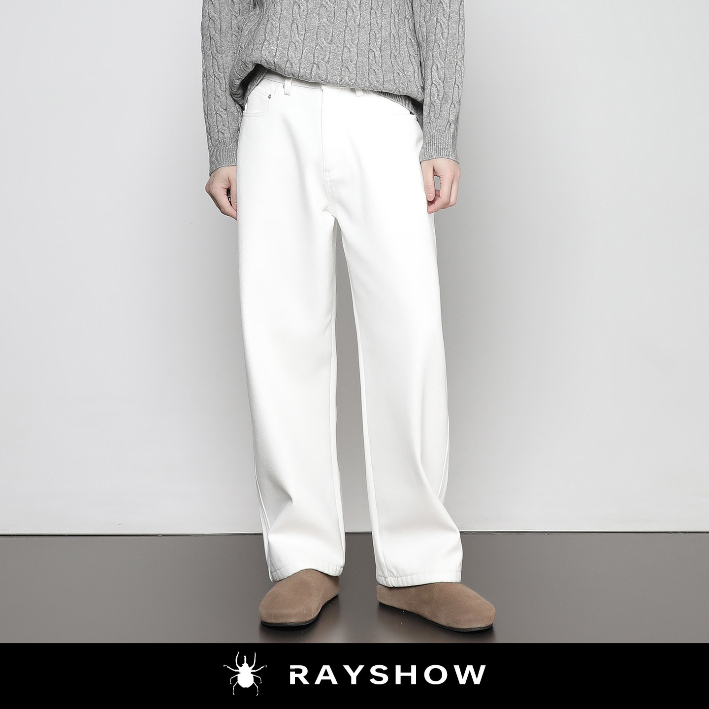 老钱风加绒加厚白色直筒牛仔长裤