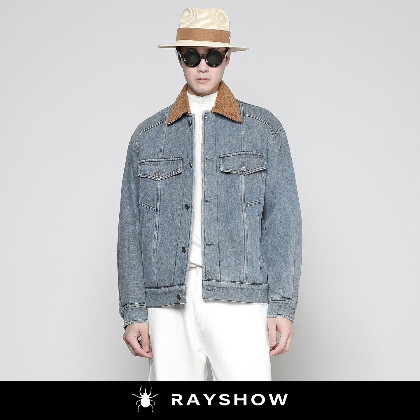 羊羔毛内胆浅蓝色老钱风牛仔外套