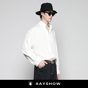 RAYSHOW·莱赛尔高支洗水褶皱慵懒上衣日式V型立领宽松长袖衬衫男