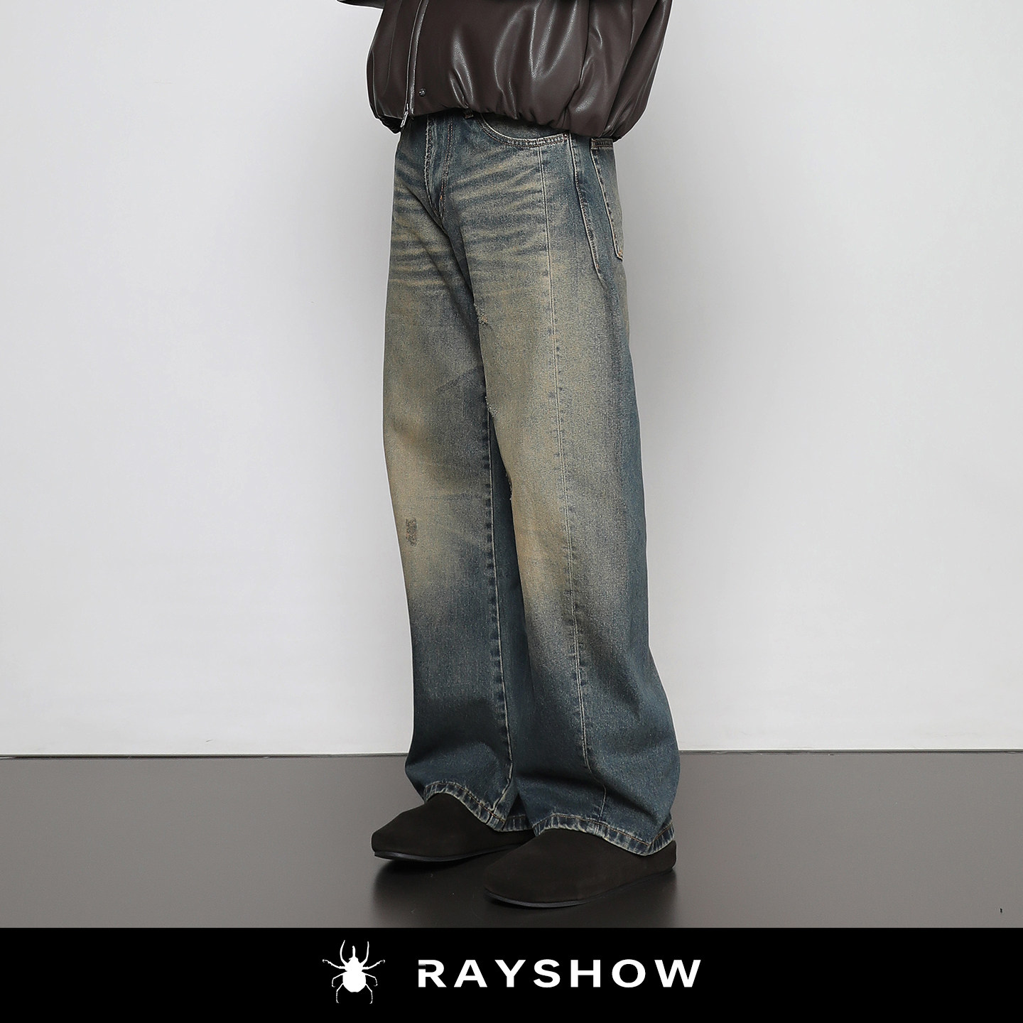 立体剪裁猫须磨破泥染弯刀牛仔裤