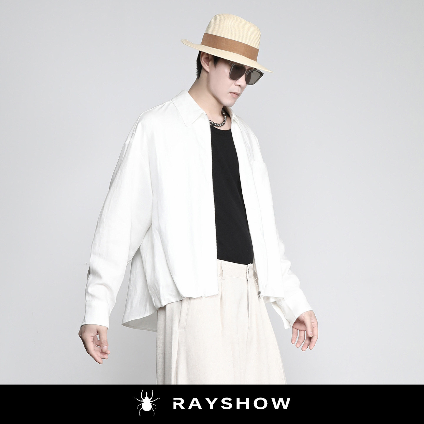 RAYSHOW原创白色亚麻感拉链衬衫 春夏轻薄透气防晒衫松弛短款外套