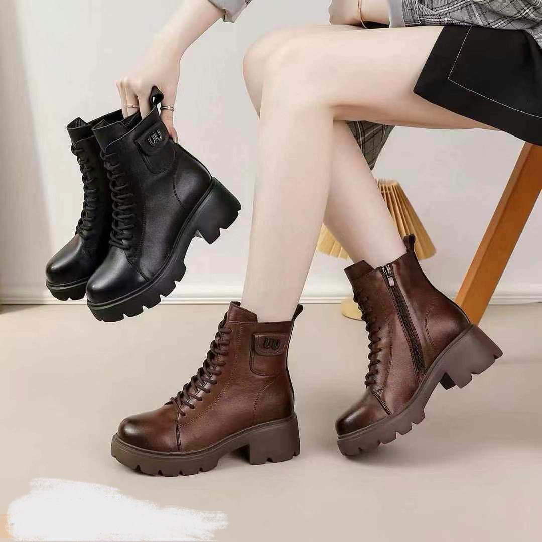2025新款包邮女靴品牌真皮牛皮系带侧拉链粗跟欧美时尚高品质短靴